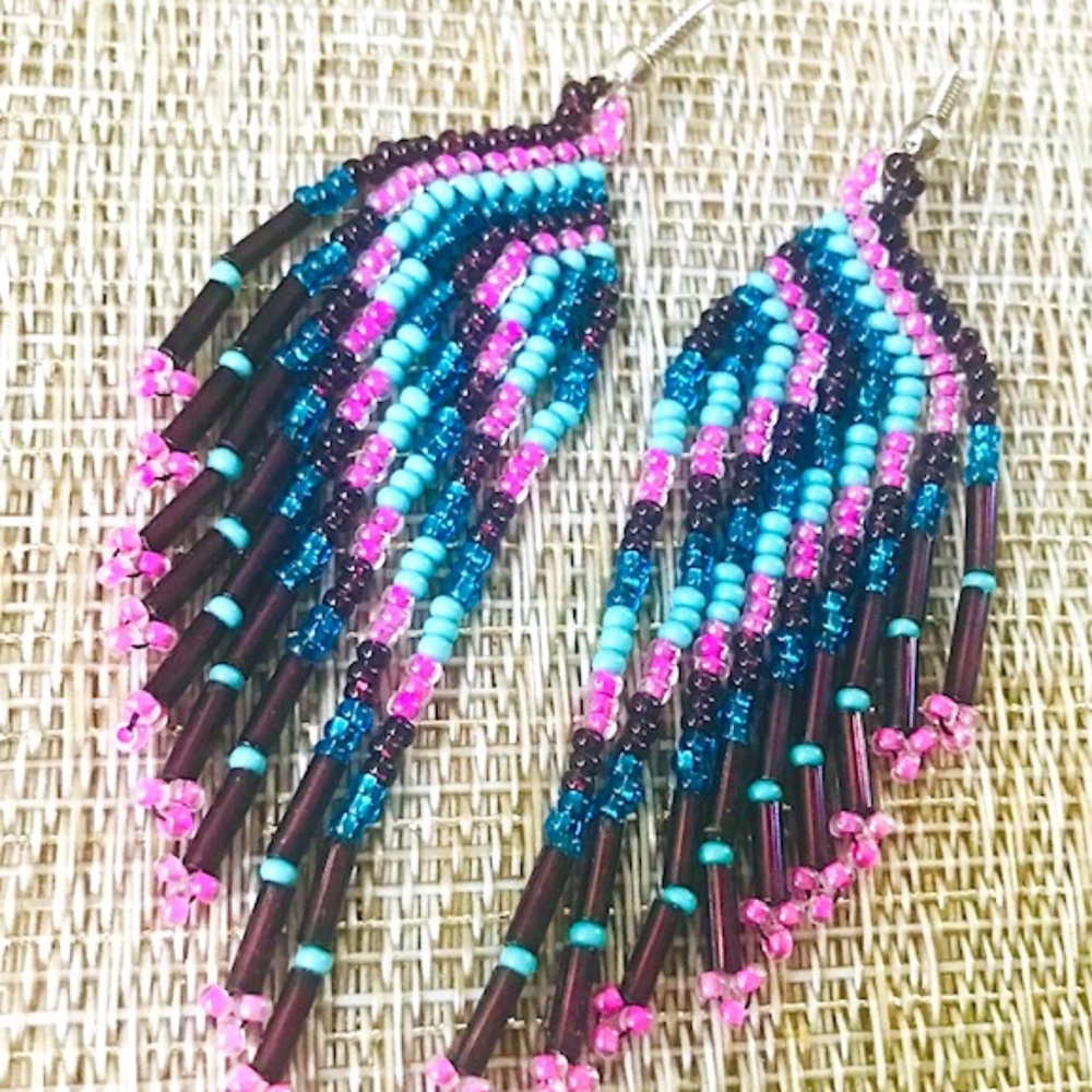 BEADED EARRINGS Vintage Navajo MULTI COLOR Dangle FRINGE TASSEL PIERCED